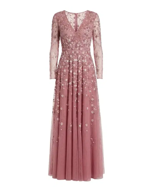 Mac Duggal Floral-Embellished Long-Sleeve A-Line Gown