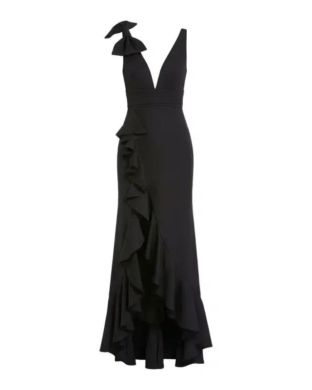 Mac Duggal Plunging High-Low Ruffle Crepe Gown
