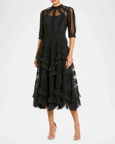 Mac Duggal High-Neck Ruffled A-Line Midi Dress | Thumbnail 2 Mac Duggal High-Neck Ruffled A-Line Midi Dress | Thumbnail 2