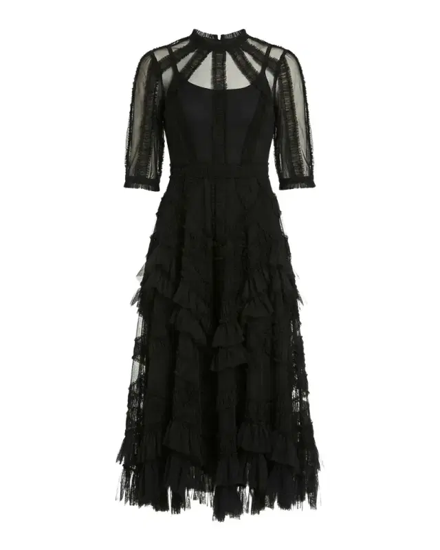 Mac Duggal High-Neck Ruffled A-Line Midi Dress