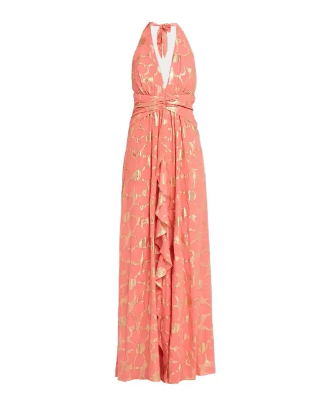 Stephanie Metallic Floral Halter Maxi Dress