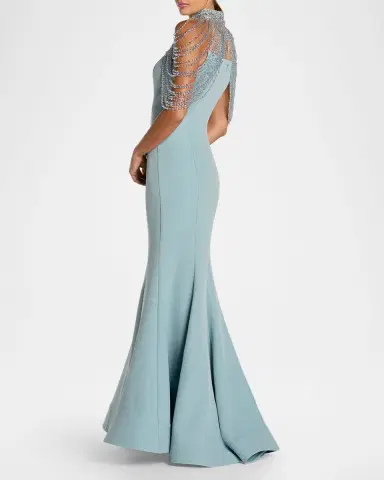 Mac Duggal Beaded Capelet Crepe Mermaid Gown | Thumbnail 2 Mac Duggal Beaded Capelet Crepe Mermaid Gown | Thumbnail 2