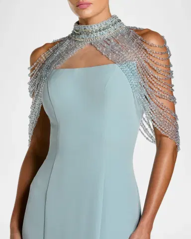 Mac Duggal Beaded Capelet Crepe Mermaid Gown | Thumbnail 3 Mac Duggal Beaded Capelet Crepe Mermaid Gown | Thumbnail 3