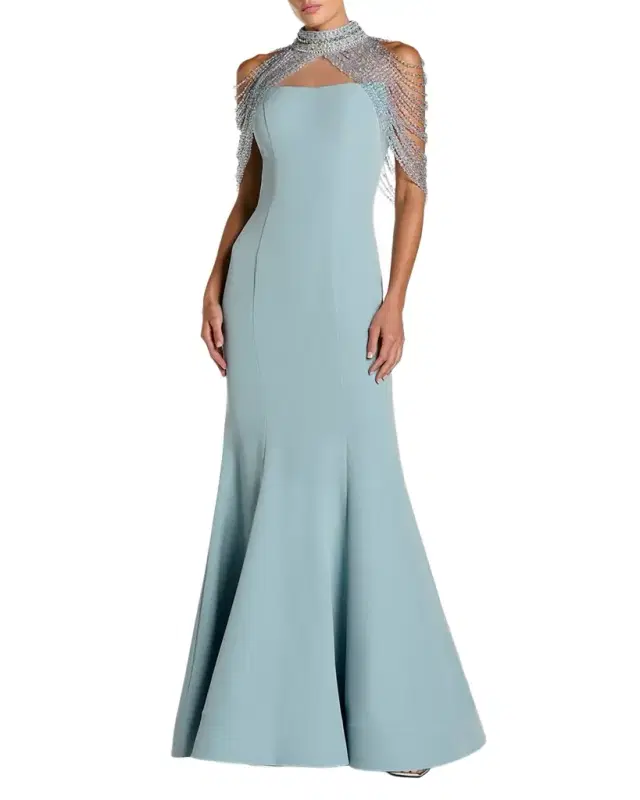 Beaded Capelet Crepe Mermaid Gown