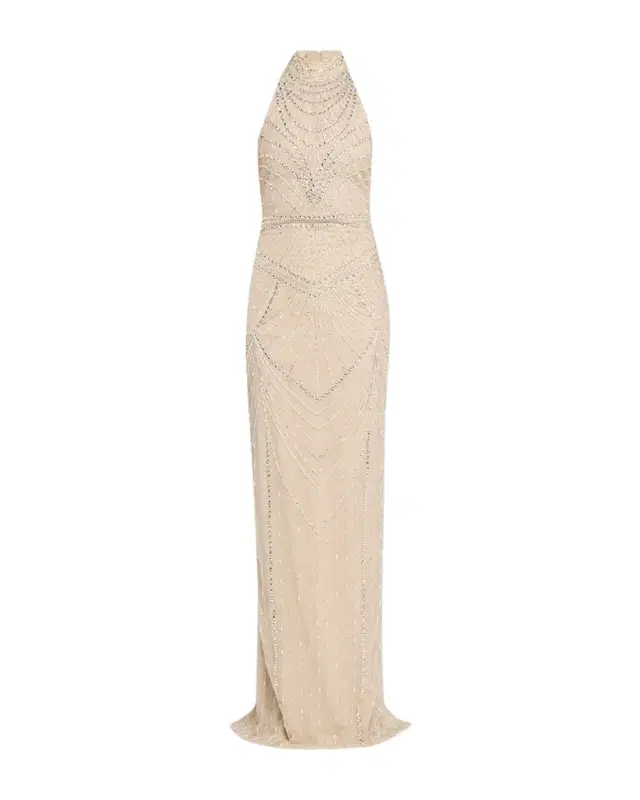 Pamella Roland Embroidered Tulle Halter Gown