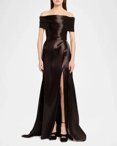 PAMELLA ROLAND Liquid Organza Off-The-Shoulder Slit Gown | Thumbnail 2