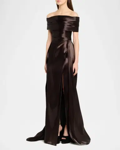 PAMELLA ROLAND Liquid Organza Off-The-Shoulder Slit Gown | Thumbnail 4