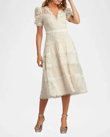 Tadashi Shoji V-Neck Short-Sleeve Lace Tiered Midi Dress | Thumbnail 2 Tadashi Shoji V-Neck Short-Sleeve Lace Tiered Midi Dress | Thumbnail 2