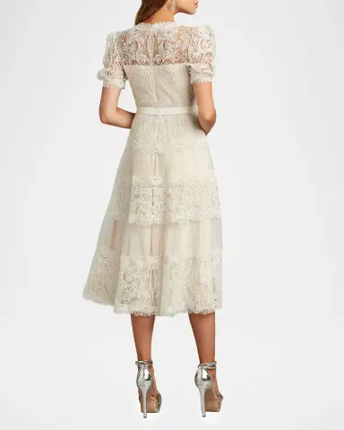 Tadashi Shoji V-Neck Short-Sleeve Lace Tiered Midi Dress | Thumbnail 3 Tadashi Shoji V-Neck Short-Sleeve Lace Tiered Midi Dress | Thumbnail 3