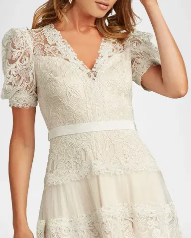 Tadashi Shoji V-Neck Short-Sleeve Lace Tiered Midi Dress | Thumbnail 4 Tadashi Shoji V-Neck Short-Sleeve Lace Tiered Midi Dress | Thumbnail 4