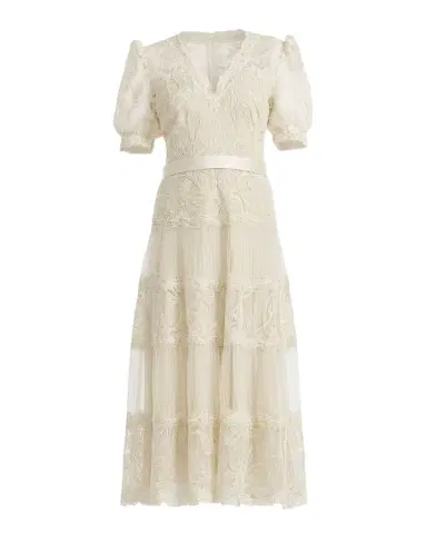 Tadashi Shoji V-Neck Short-Sleeve Lace Tiered Midi Dress | Thumbnail 1 Tadashi Shoji V-Neck Short-Sleeve Lace Tiered Midi Dress | Thumbnail 1