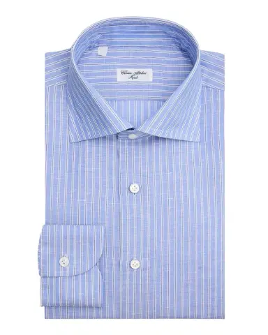 Cesare Attolini Men's Cotton and Linen Multi-Stripe Dress Shirt | Thumbnail 1 Cesare Attolini Men's Cotton and Linen Multi-Stripe Dress Shirt | Thumbnail 1