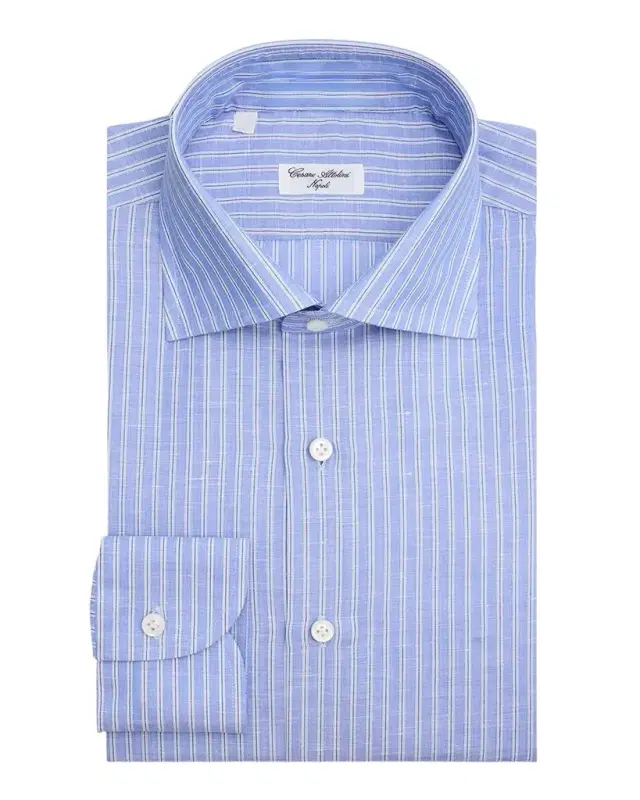 Men 's Cotton and Linen Multi-Stripe Dress Shirt