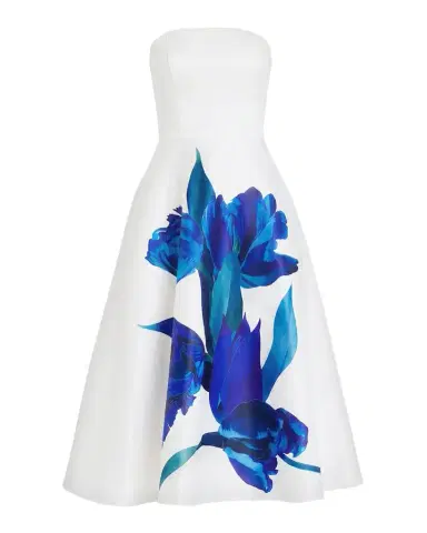 Mac Duggal Strapless Floral-Print Satin Midi Dress | Thumbnail 1 Mac Duggal Strapless Floral-Print Satin Midi Dress | Thumbnail 1