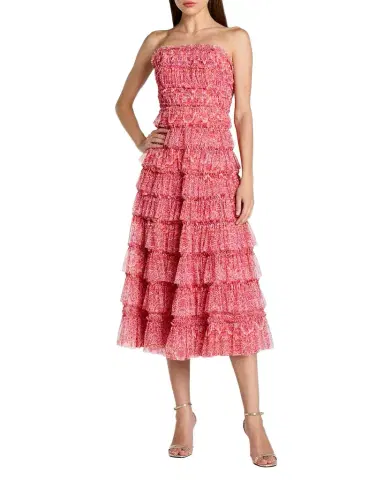 Mac Duggal Strapless Floral Tiered Midi Dress | Thumbnail 1 Mac Duggal Strapless Floral Tiered Midi Dress | Thumbnail 1