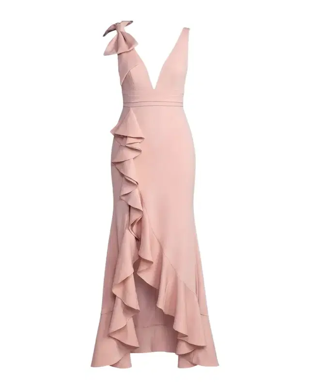 Mac Duggal Plunging High-Low Ruffle Crepe Gown