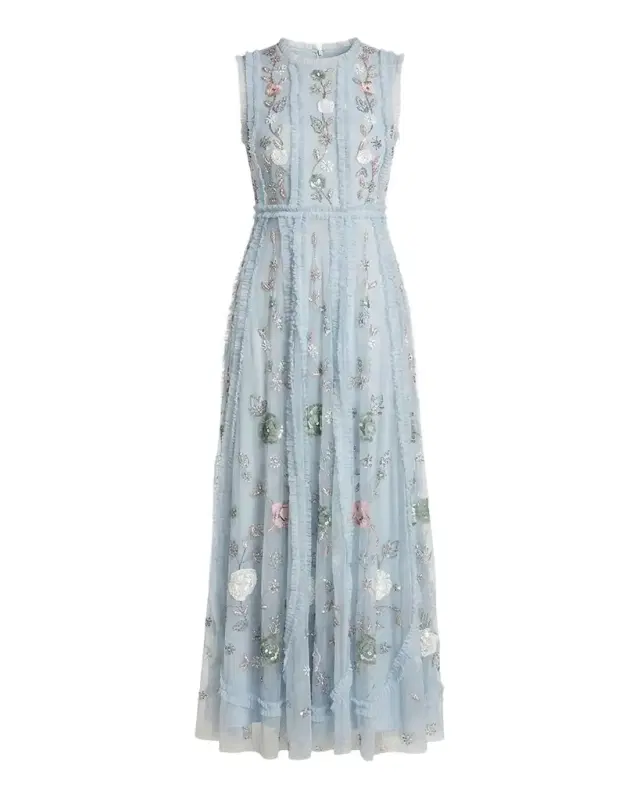 Mac Duggal Ruffle-Trim Floral Beaded Mesh Gown
