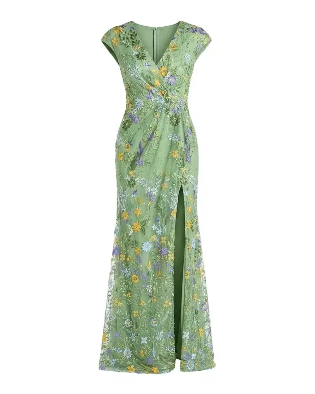 Mac Duggal Floral-Embroidered Column Gown