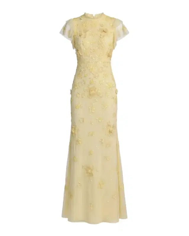 Mac Duggal Flutter-Sleeve Beaded Applique Gown