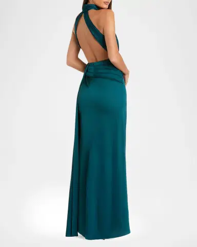 Mac Duggal Petite Halter Open-Back Gown w/Slit | Thumbnail 3
