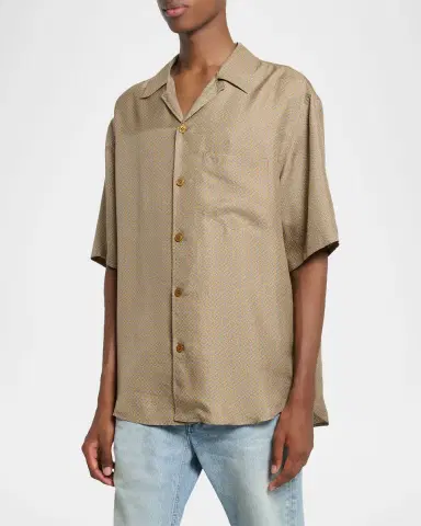 Saint Laurent Men's Silk Micro-Geometric Short-Sleeve Shirt | Thumbnail 4