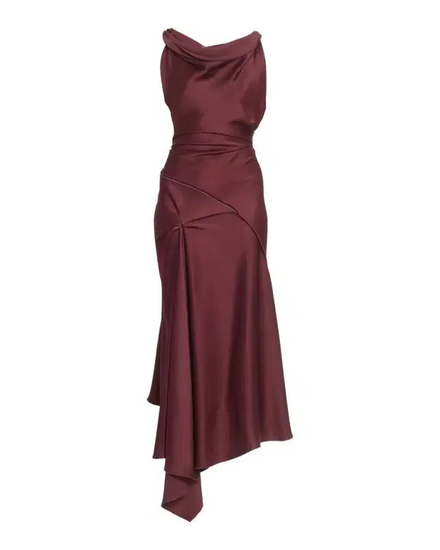 Asymmetric Draped Sleeveless Satin Midi Dress