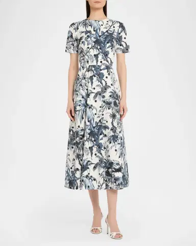 Oscar de la Renta Short-Sleeve Dotted Palm Print Poplin Midi Dress | Thumbnail 2