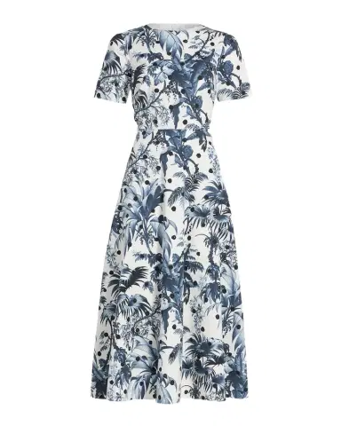 Oscar de la Renta Short-Sleeve Dotted Palm Print Poplin Midi Dress | Thumbnail 1