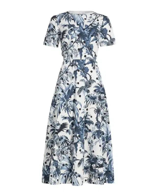 Oscar de la Renta Short-Sleeve Dotted Palm Print Poplin Midi Dress