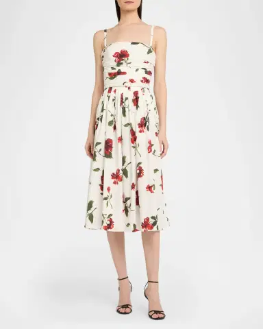 Oscar de la Renta Sleeveless Hibiscus Print Cotton Pleated Midi Dress | Thumbnail 2 Oscar de la Renta Sleeveless Hibiscus Print Cotton Pleated Midi Dress | Thumbnail 2