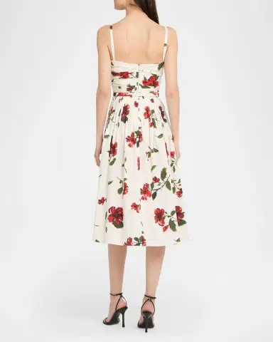 Oscar de la Renta Sleeveless Hibiscus Print Cotton Pleated Midi Dress | Thumbnail 3 Oscar de la Renta Sleeveless Hibiscus Print Cotton Pleated Midi Dress | Thumbnail 3