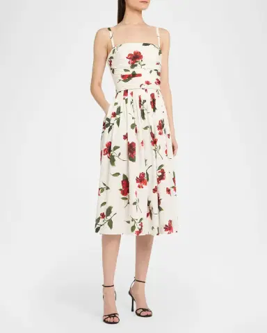 Oscar de la Renta Sleeveless Hibiscus Print Cotton Pleated Midi Dress | Thumbnail 4 Oscar de la Renta Sleeveless Hibiscus Print Cotton Pleated Midi Dress | Thumbnail 4