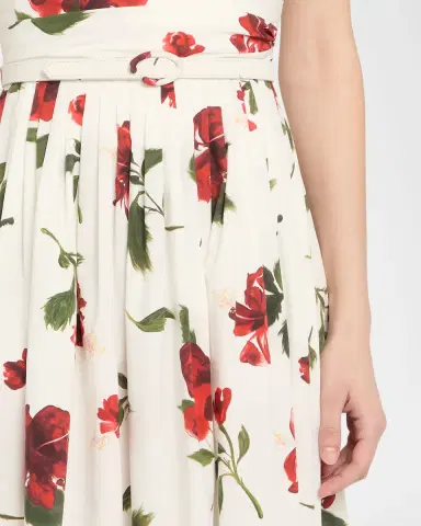 Oscar de la Renta Sleeveless Hibiscus Print Cotton Pleated Midi Dress | Thumbnail 5 Oscar de la Renta Sleeveless Hibiscus Print Cotton Pleated Midi Dress | Thumbnail 5