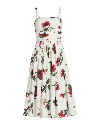 Oscar de la Renta Sleeveless Hibiscus Print Cotton Pleated Midi Dress | Thumbnail 1 Oscar de la Renta Sleeveless Hibiscus Print Cotton Pleated Midi Dress | Thumbnail 1