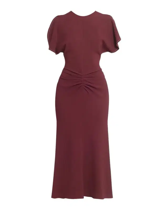 Gathered Waist Crepe Midi Dress