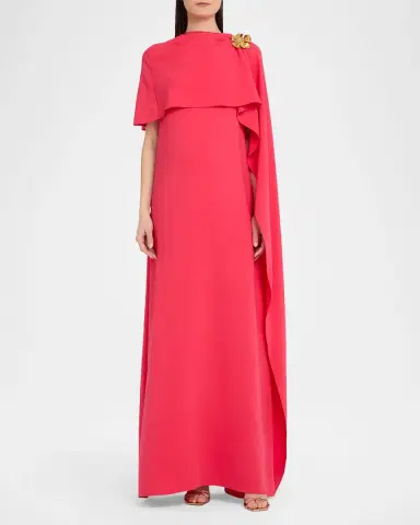 Oscar de la Renta Hibiscus Brooch Draped Georgette Caftan Gown | Thumbnail 2 Oscar de la Renta Hibiscus Brooch Draped Georgette Caftan Gown | Thumbnail 2