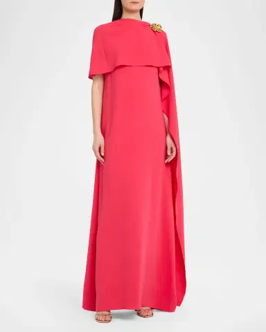 Oscar de la Renta Hibiscus Brooch Draped Georgette Caftan Gown | Thumbnail 4 Oscar de la Renta Hibiscus Brooch Draped Georgette Caftan Gown | Thumbnail 4