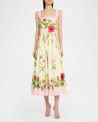 Oscar de la Renta Sleeveless Chine Floral Print Pleated Midi Dress With Belt | Thumbnail 2 Oscar de la Renta Sleeveless Chine Floral Print Pleated Midi Dress With Belt | Thumbnail 2