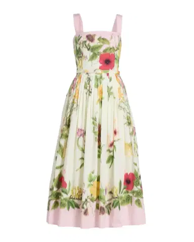 Oscar de la Renta Sleeveless Chine Floral Print Pleated Midi Dress With Belt | Thumbnail 1 Oscar de la Renta Sleeveless Chine Floral Print Pleated Midi Dress With Belt | Thumbnail 1