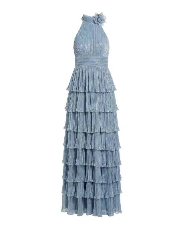 Tiered Pleated Metallic Halter Gown