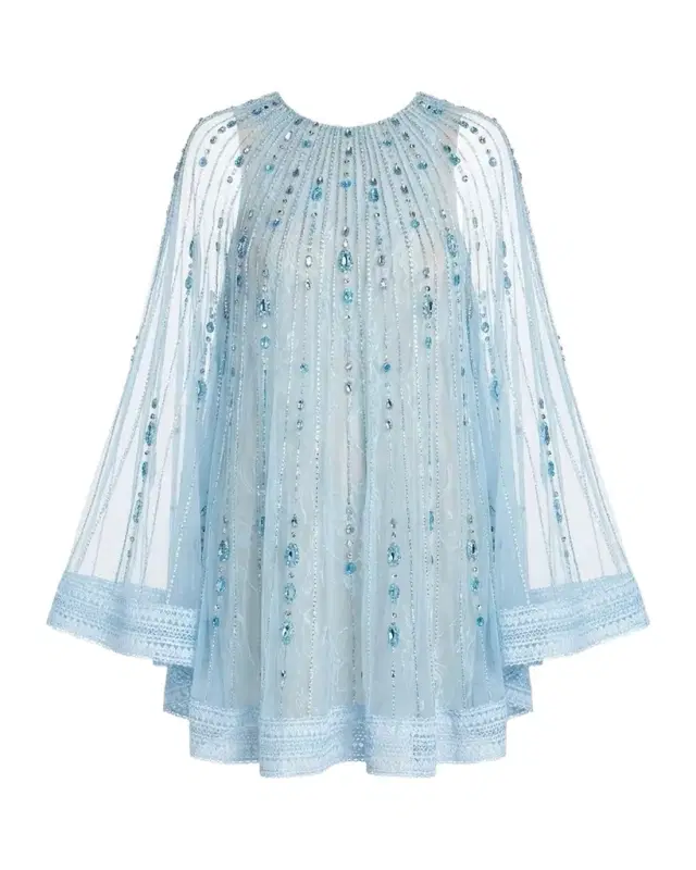Beaded Lace Cape-Sleeve Mini Dress