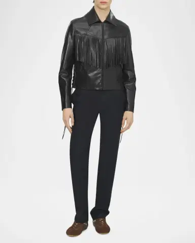 Alexander McQueen Men's Western Fringe-Trim Leather Jacket | Thumbnail 2