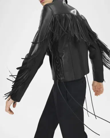 Alexander McQueen Men's Western Fringe-Trim Leather Jacket | Thumbnail 5