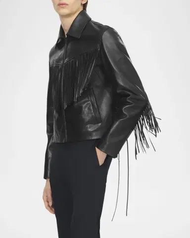 Alexander McQueen Men's Western Fringe-Trim Leather Jacket | Thumbnail 6
