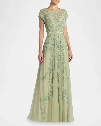 Mac Duggal Beaded Mesh Cap-Sleeve Gown | Thumbnail 2