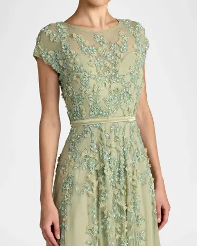 Mac Duggal Beaded Mesh Cap-Sleeve Gown | Thumbnail 4