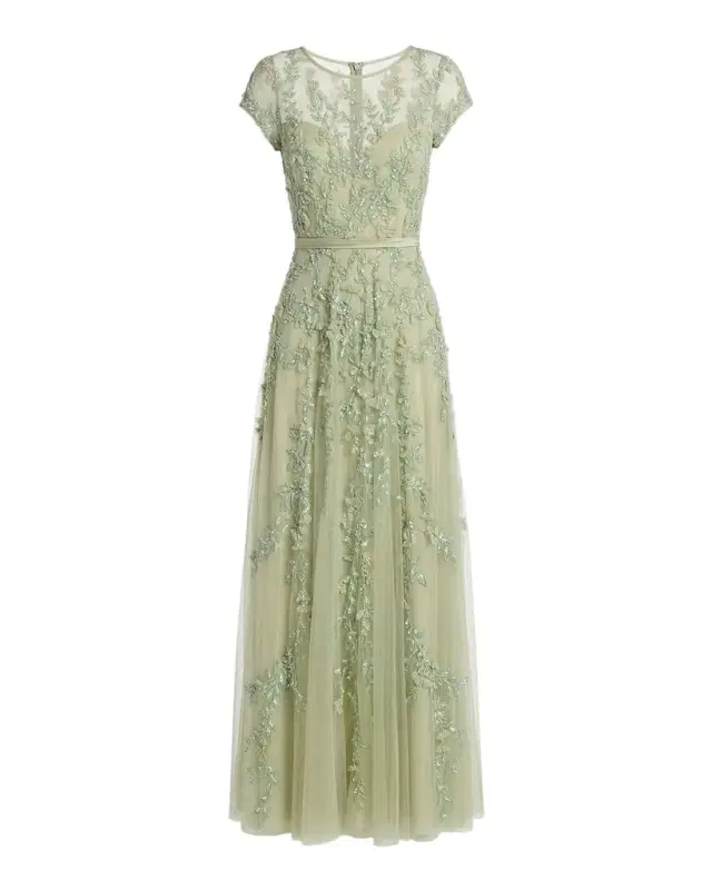 Beaded Mesh Cap-Sleeve Gown