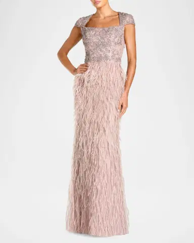 Mac Duggal Beaded Feather-Trim Column Gown | Thumbnail 2 Mac Duggal Beaded Feather-Trim Column Gown | Thumbnail 2