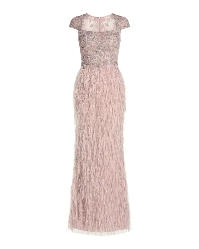 Mac Duggal Beaded Feather-Trim Column Gown