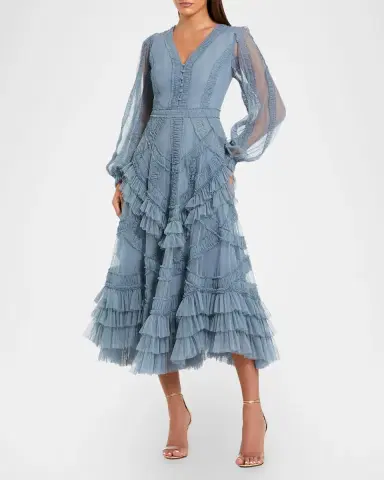 Mac Duggal Mesh Micro Ruffle Midi-Dress | Thumbnail 2 Mac Duggal Mesh Micro Ruffle Midi-Dress | Thumbnail 2